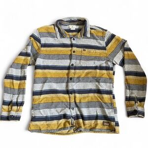 Quiksilver Yellow and Navy Striped Flannel Shirt, Men's Size Large - Vintage Y2K